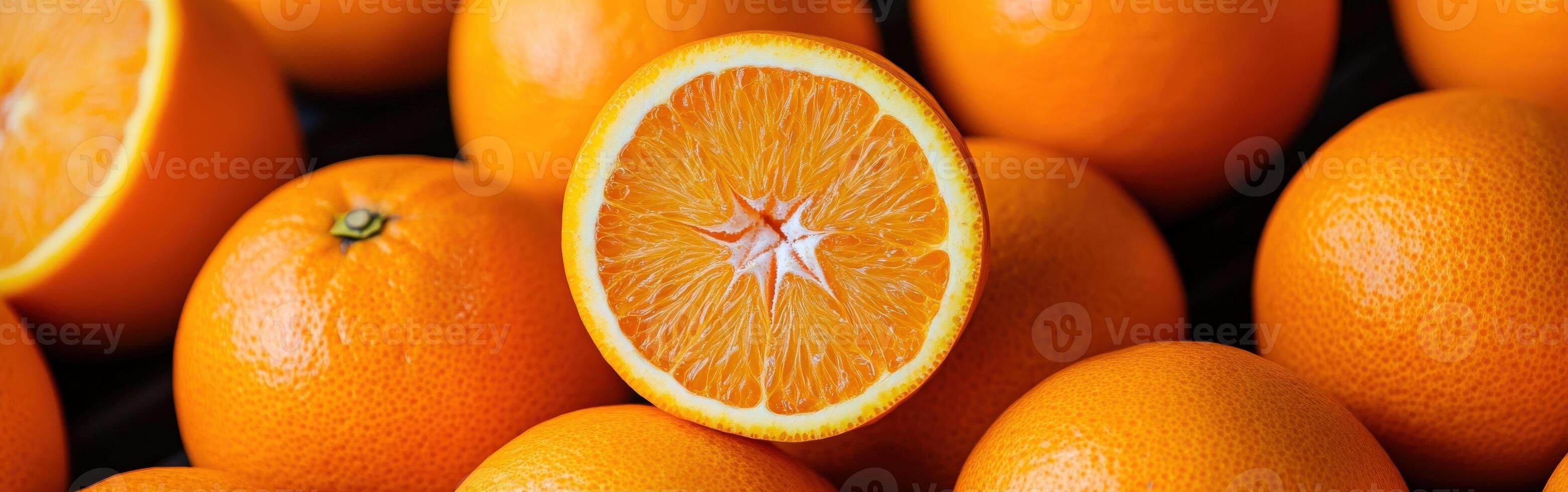 Fresh oranges stacked with a sliced orange showing juicy interior close-up photo