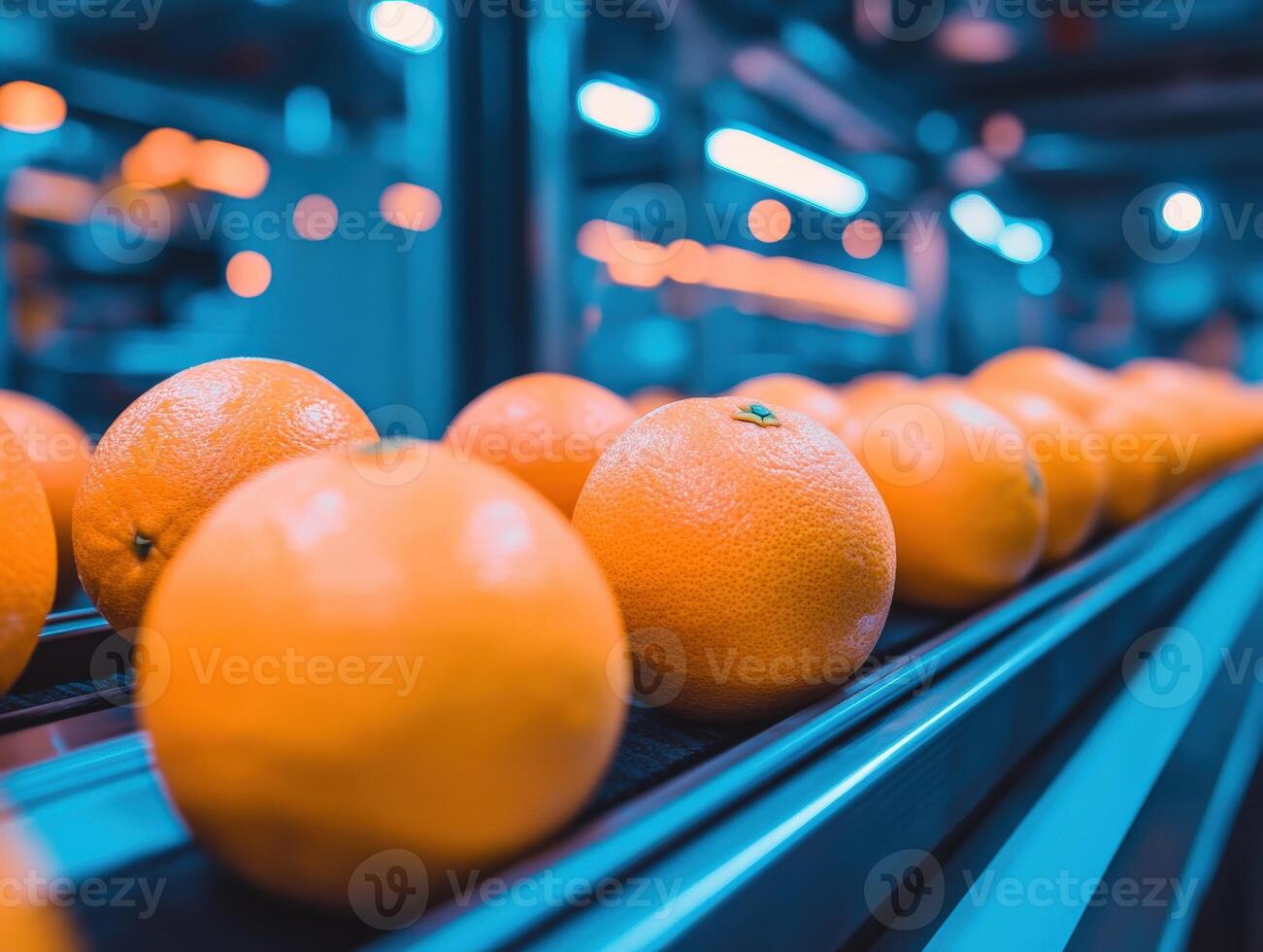Fresh oranges moving along a conveyor belt in a food processing facility photo