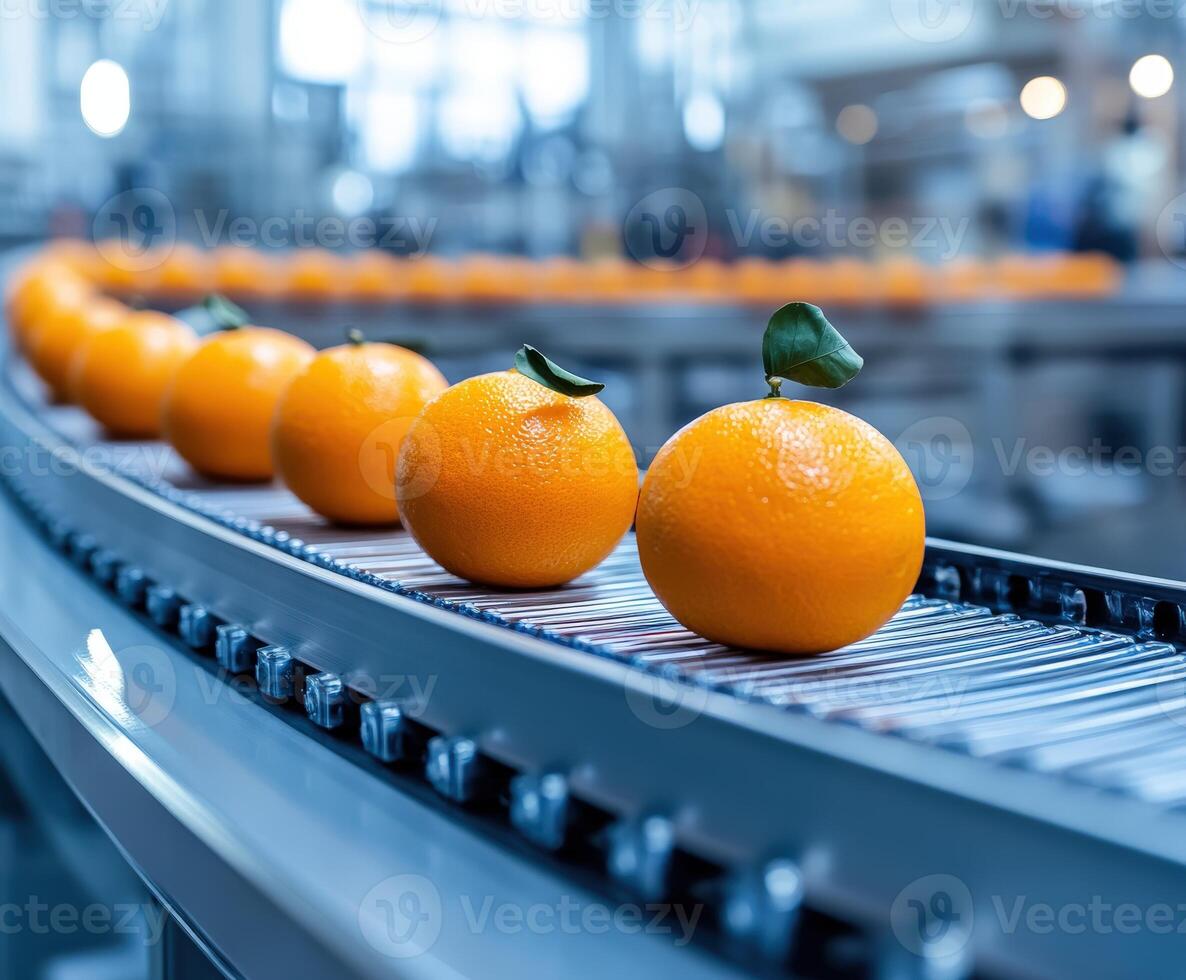 Fresh oranges being sorted on a conveyor belt in a processing facility photo