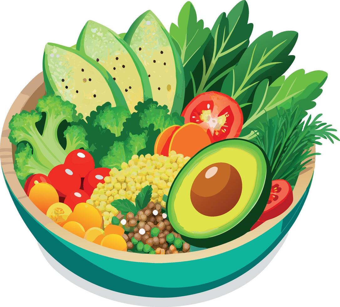 Green bowl with avocado, broccoli, tomatoes and bulgur offering healthy vegetarian lifestyle vector
