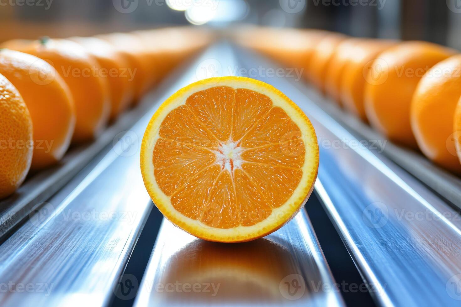 Freshly sliced orange on a conveyor belt in a fruit processing facility photo