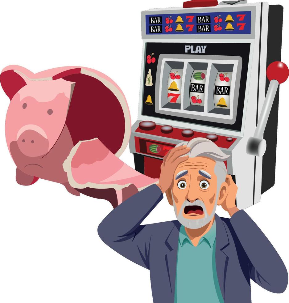 An old man is holding his head and looking at a slot machine vector