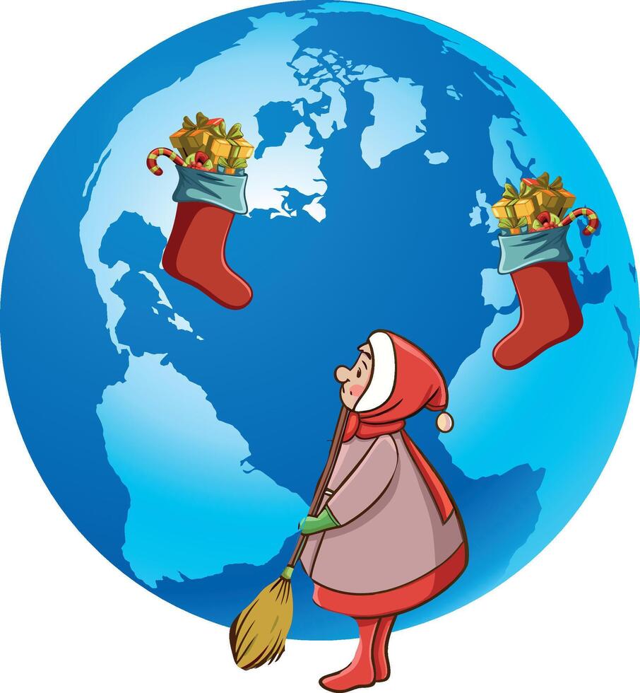 Befana delivering gifts in christmas socks flying around the world vector