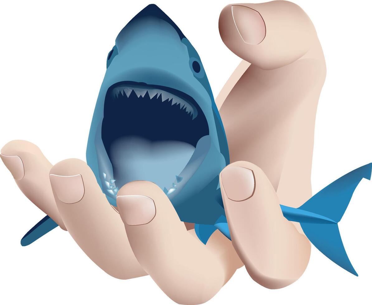 A hand holding a shark with its mouth open vector