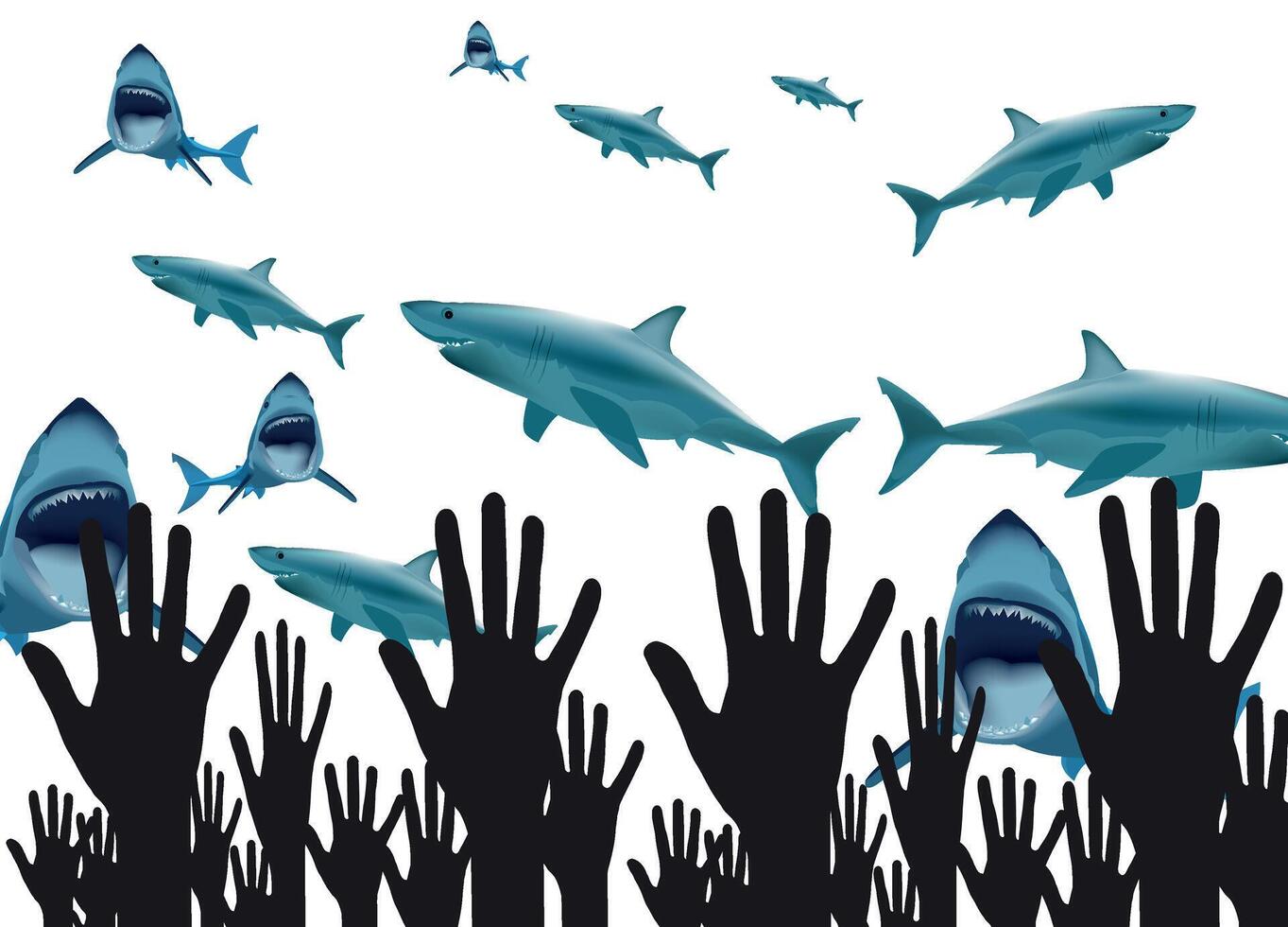 Sharks are swimming in the air and people are reaching out to grab them vector