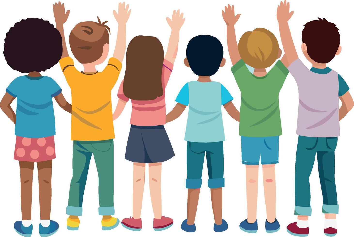 Group of elementary school students raising hands together vector