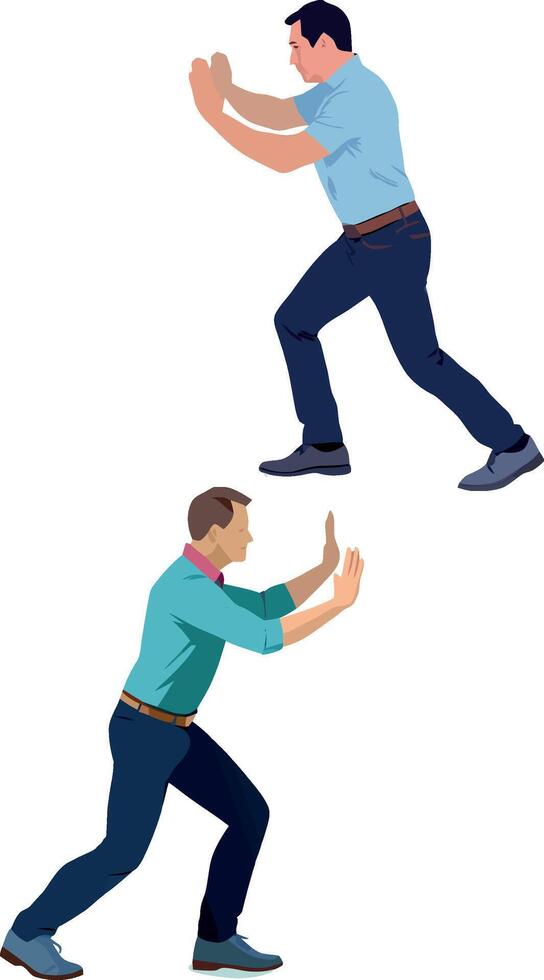 Two businessmen pushing invisible wall together, side view vector