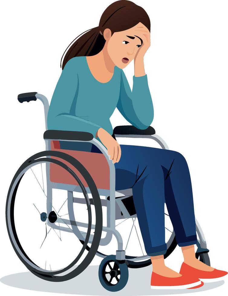 Sad young woman feeling hopeless sitting on wheelchair, vector
