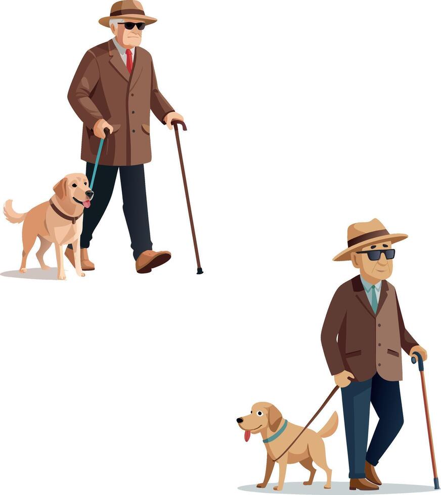 Blind men walking with guide dogs and canes vector