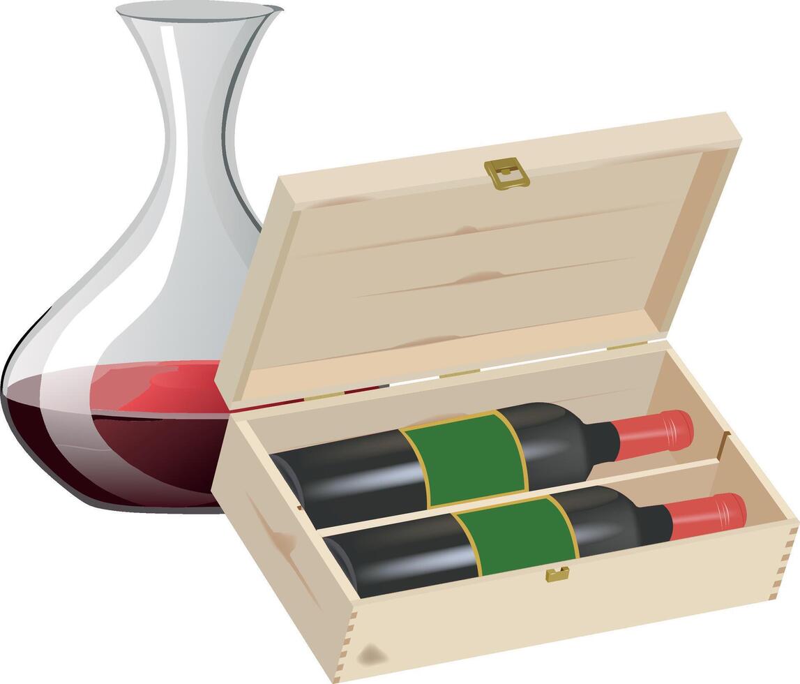 Wine decanter and two bottles of red wine in wooden box vector