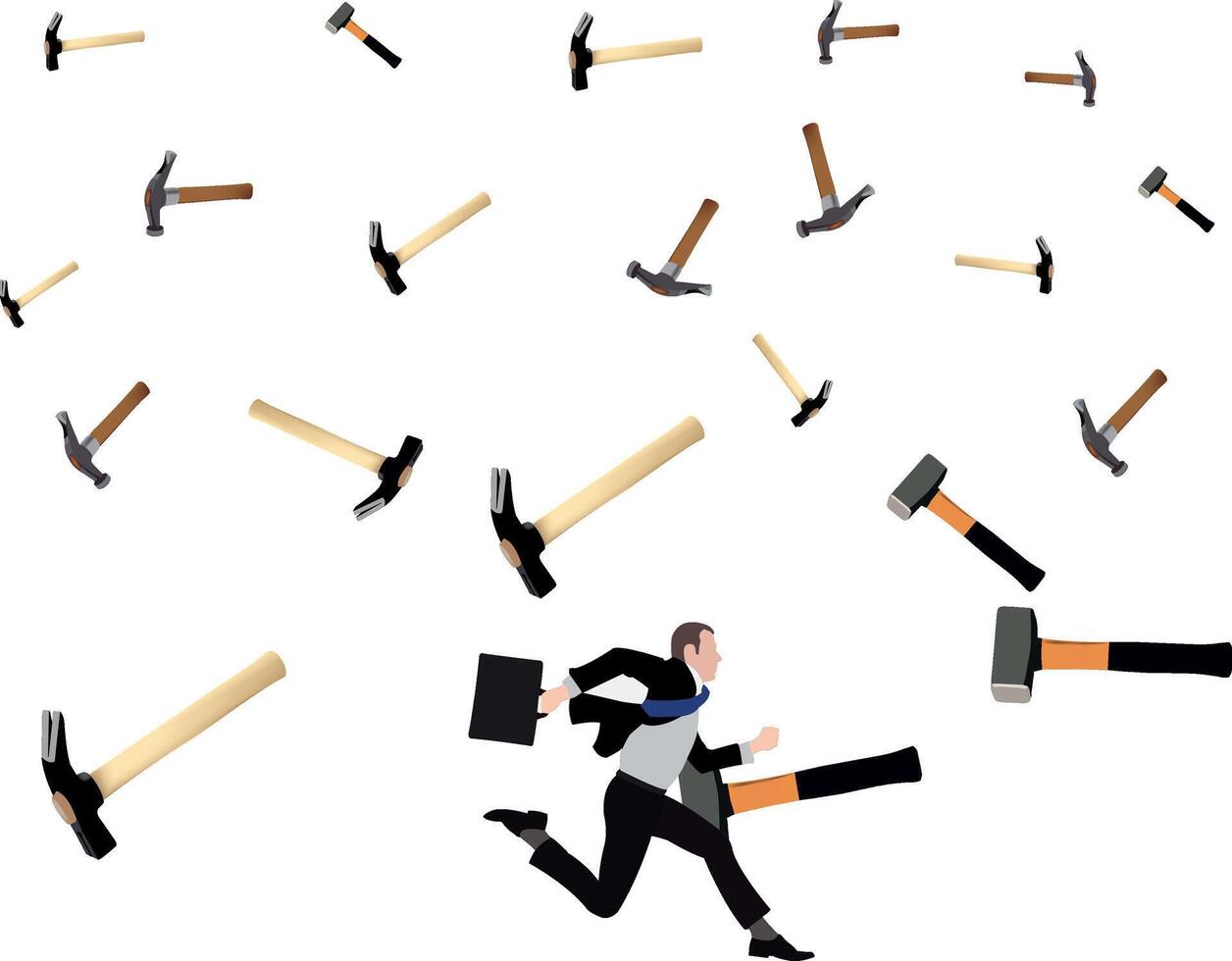 A man running away from a group of hammers vector