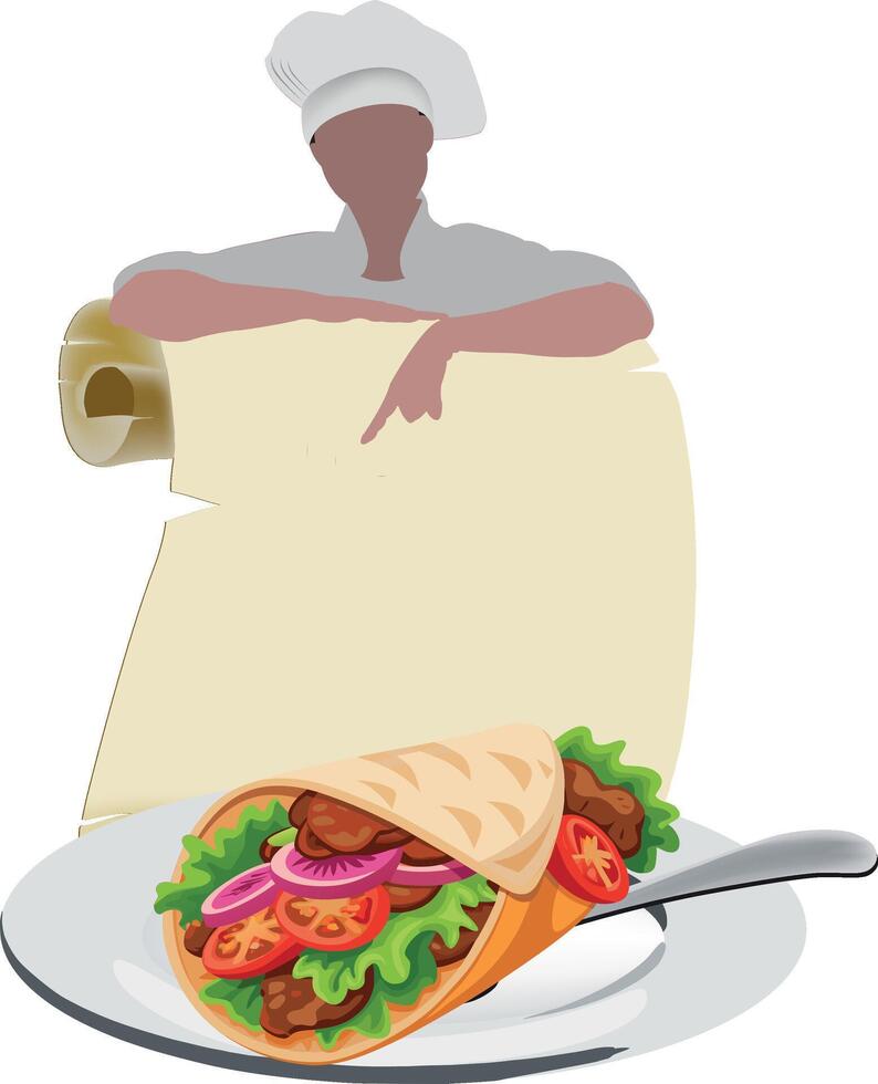 A chef holding a menu and a sandwich on a plate vector