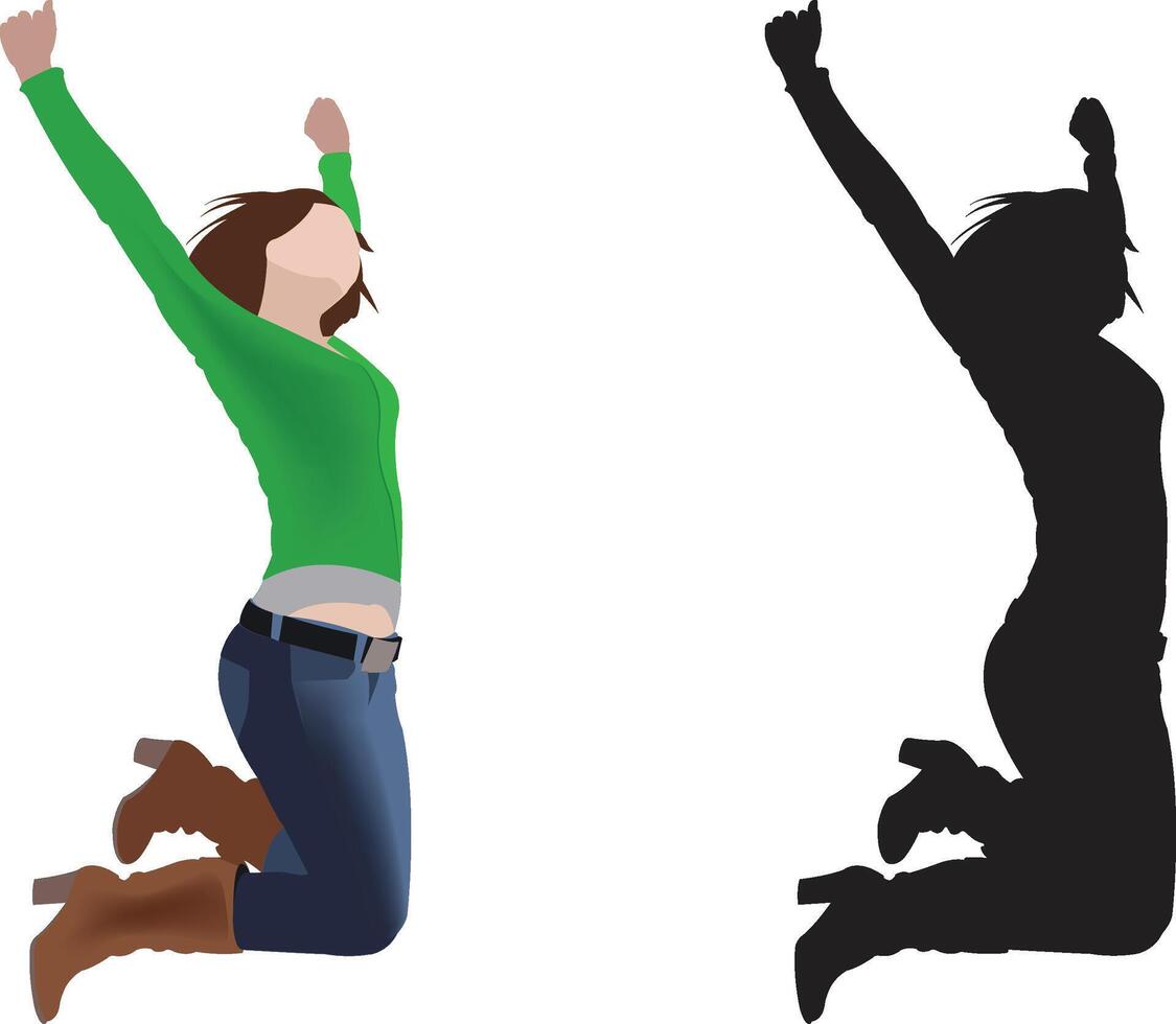A woman jumping in the air with her arms up vector