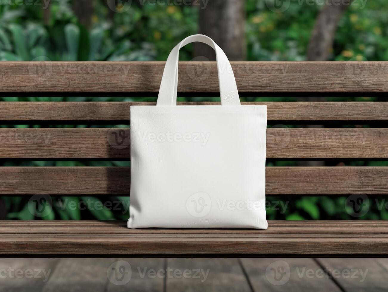 A blank white tote bag rests on a wooden bench in a green park photo
