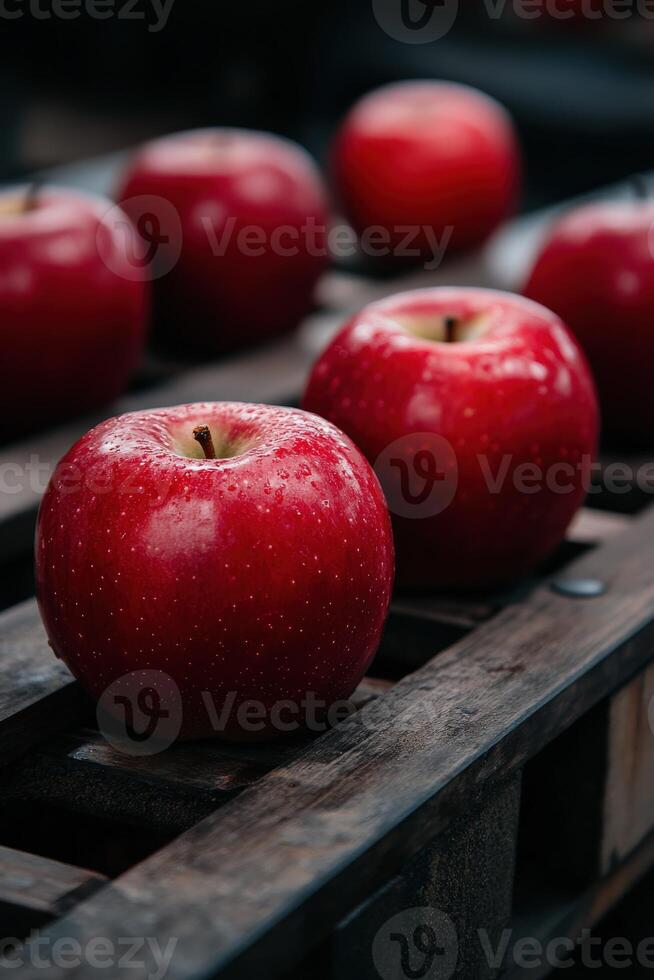 Fresh red apples lined up on wooden crates in a market setting photo