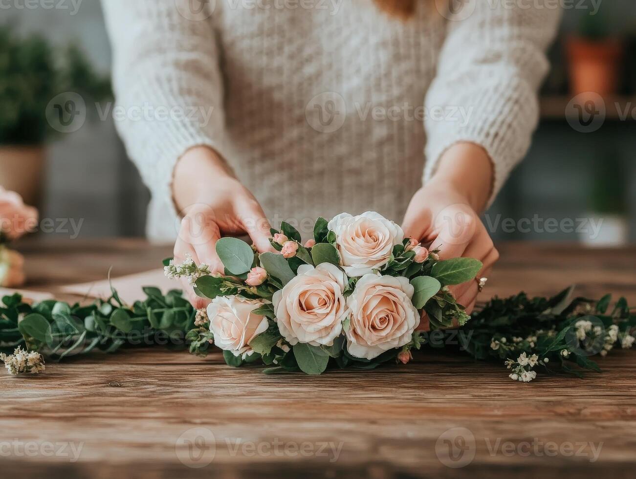 Creating a floral arrangement with pink roses and greenery at a workshop photo
