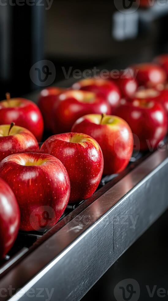 Fresh red apples lined up in a display at a local market in autumn photo