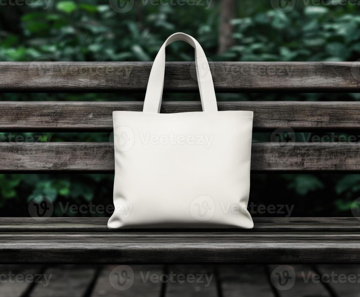 A simple white tote bag rests on a wooden bench in a green park photo