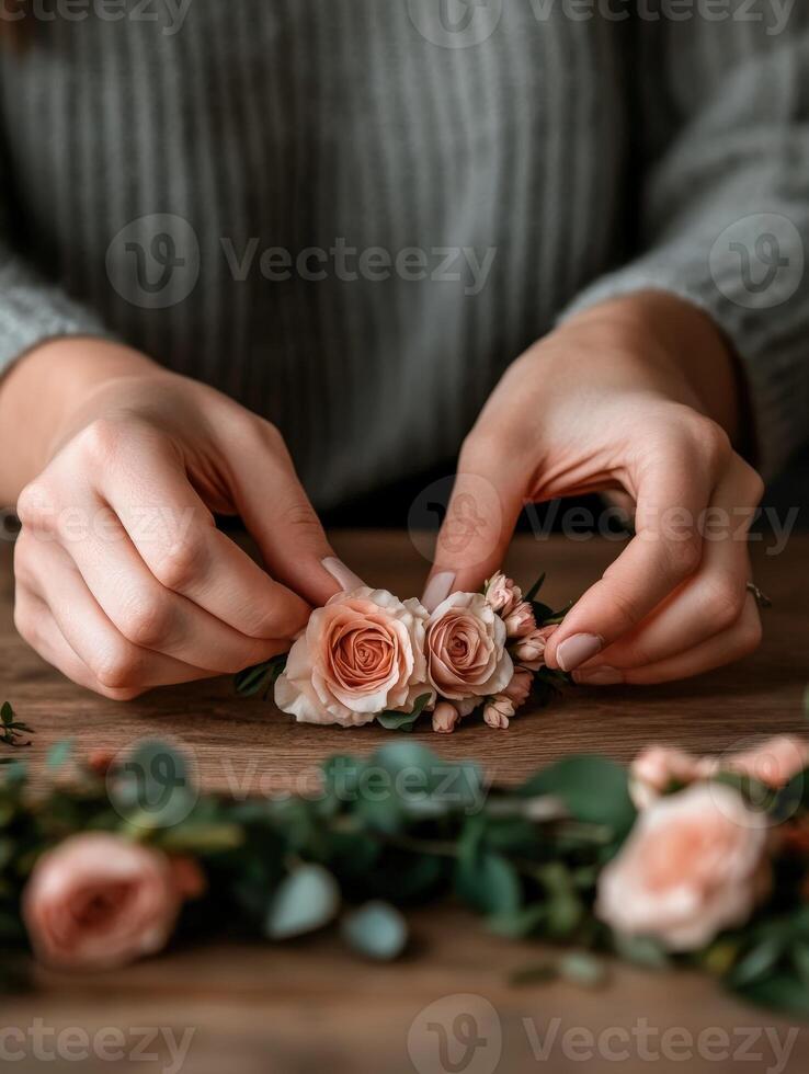 Creating a beautiful floral arrangement with pink roses at home photo