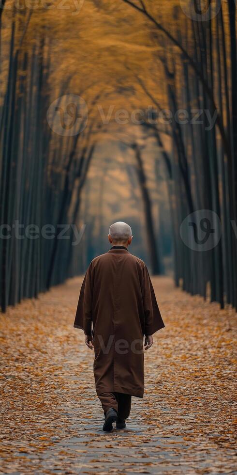 A monk walking through a serene forest in autumn photo