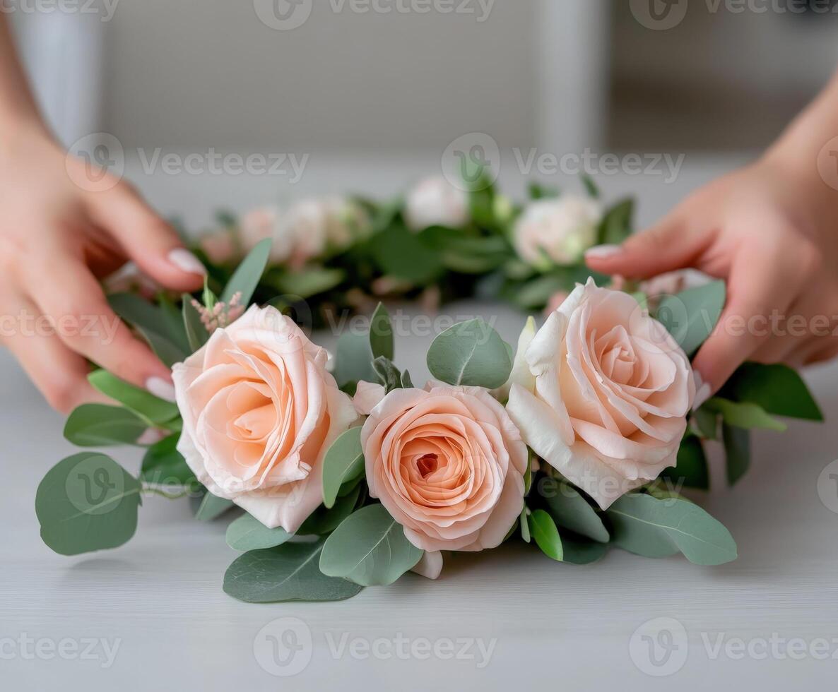 Creating a beautiful floral crown with blush roses and greenery photo