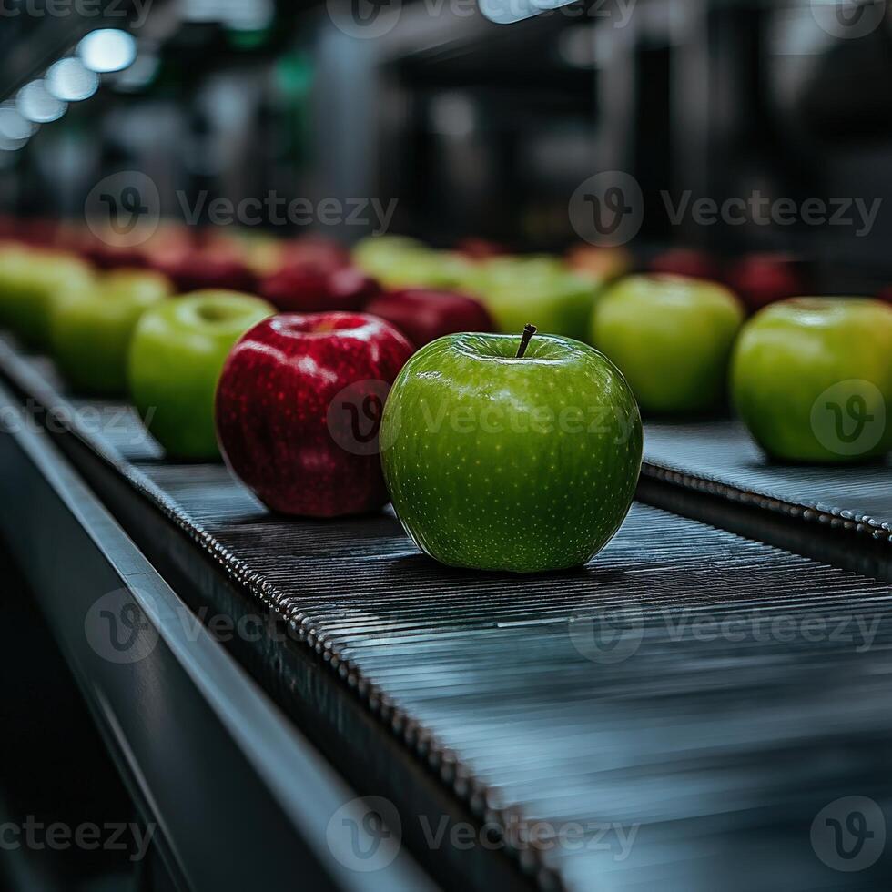 Apples being sorted on a conveyor belt in a processing facility photo