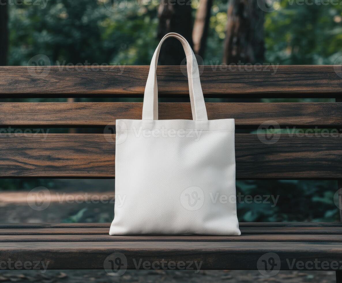 A blank canvas tote resting on a wooden bench in a serene park setting photo