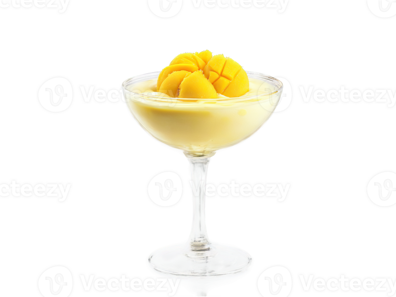 Rasgulla with Mango Puree Spongy rasgullas topped with mango puree served in a glass bowl png