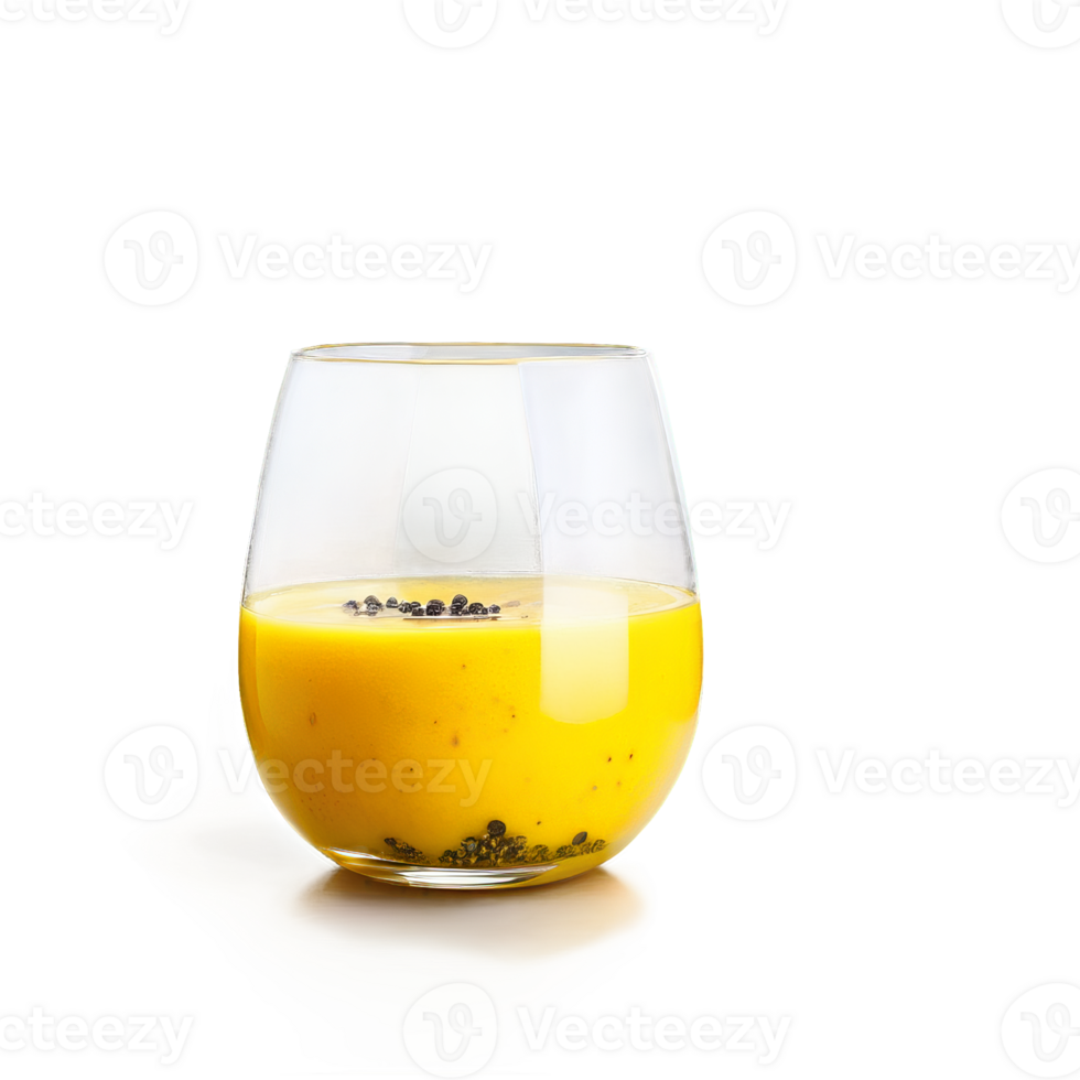Turmeric smoothie with vibrant yellow color swirl of coconut milk and black pepper served in png