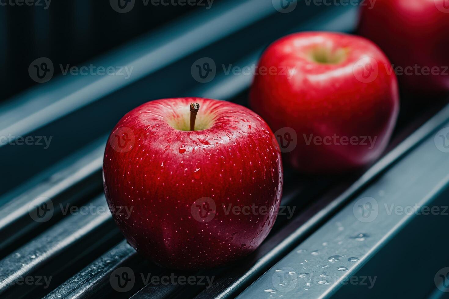 Fresh red apples lined up on a conveyor belt in a packing facility photo
