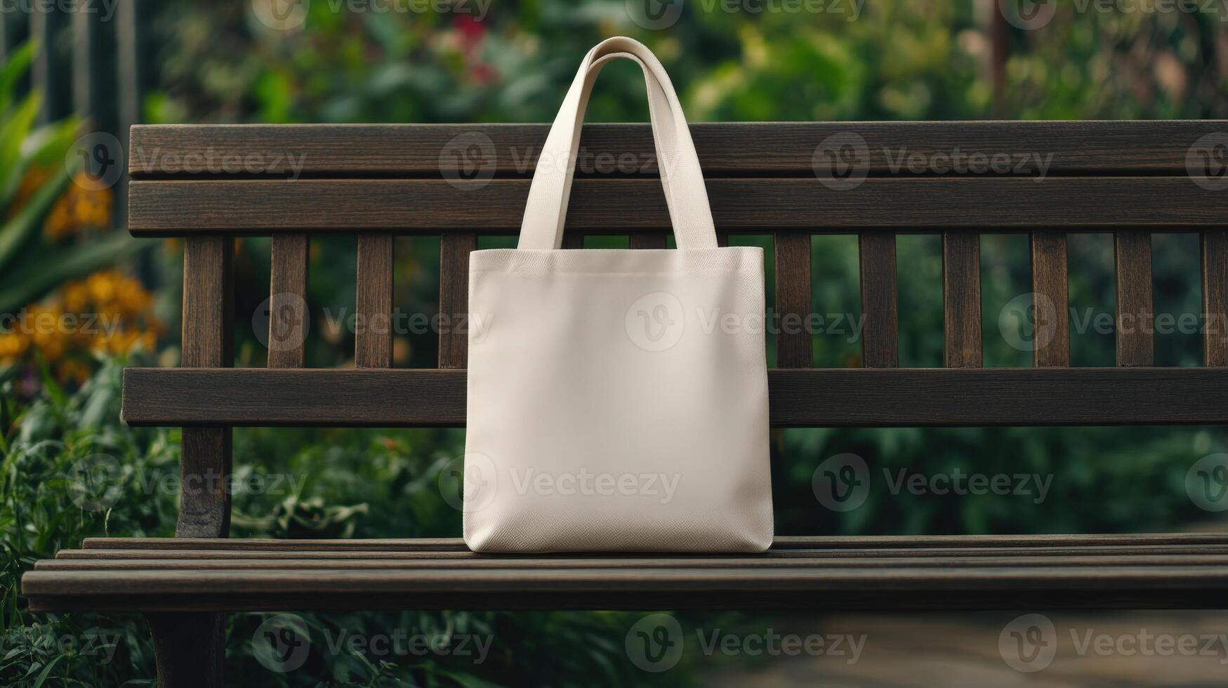 A simple white tote bag sits on a wooden bench in a garden photo
