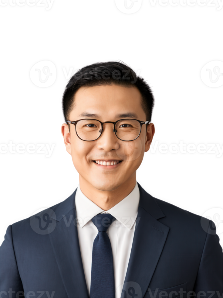 Close-up of Asian man in glasses, calm smile, direct gaze, transparent background. png