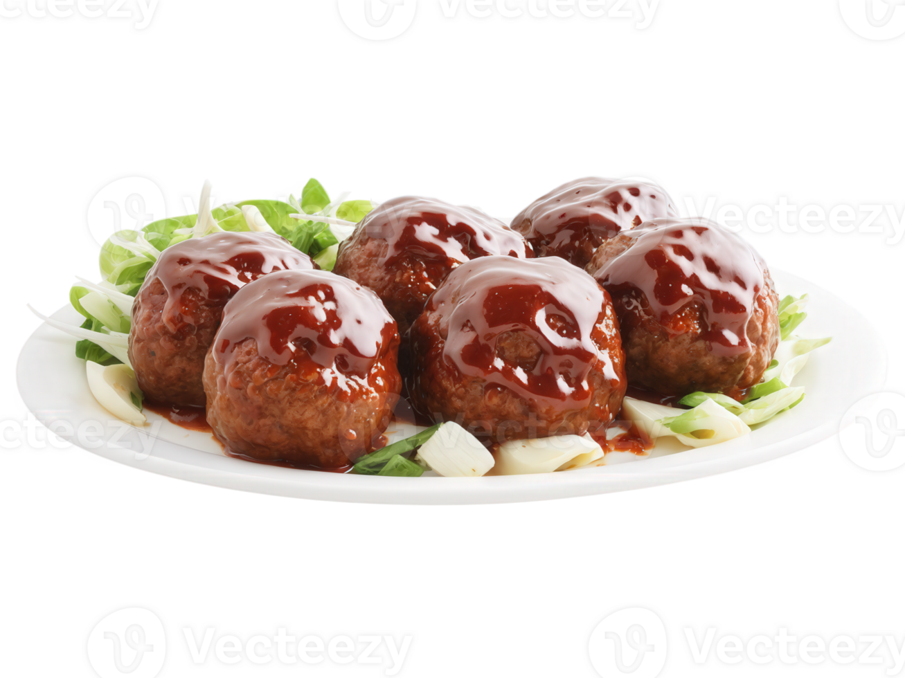 BBQ Meatballs Juicy meatballs smothered in rich barbecue sauce, served with a side of garlic bread and a refreshing salad. png