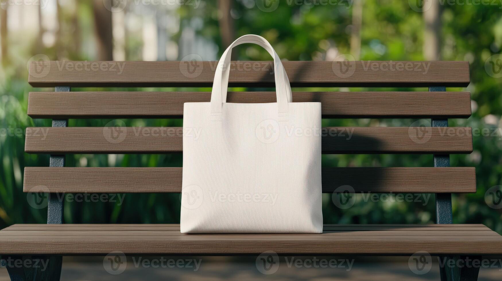 A minimalist tote bag resting on a wooden bench in a vibrant park photo