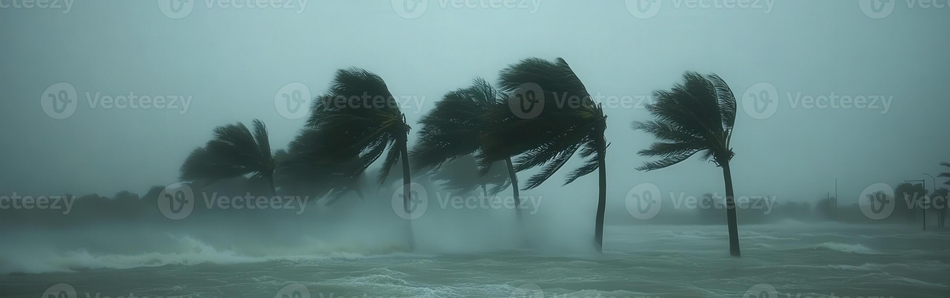 Hurricane winds batter trees and ocean waves in a coastal storm photo