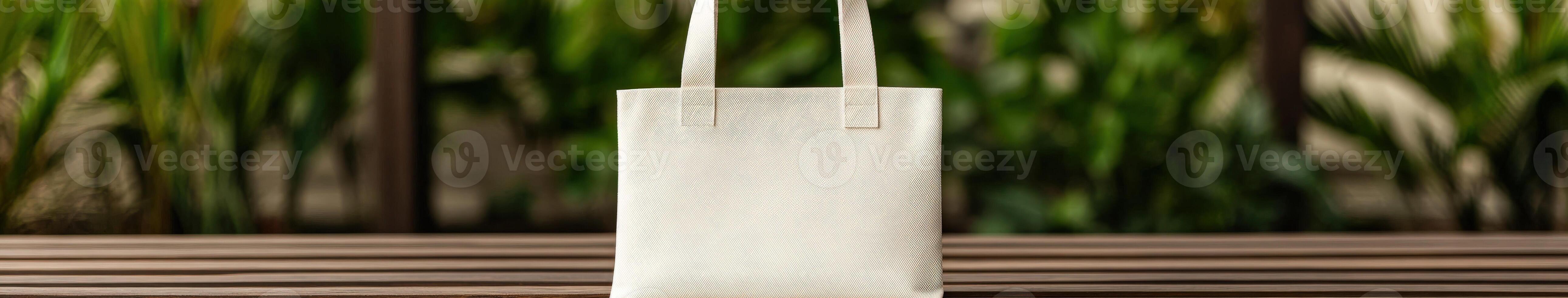 Simple white tote bag resting on a wooden table among greenery photo
