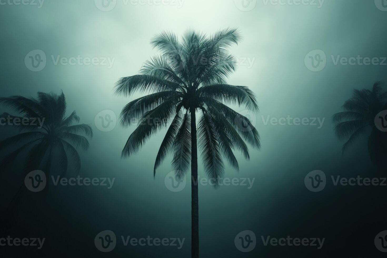 Hurricane winds sweep through a palm tree landscape at dusk photo