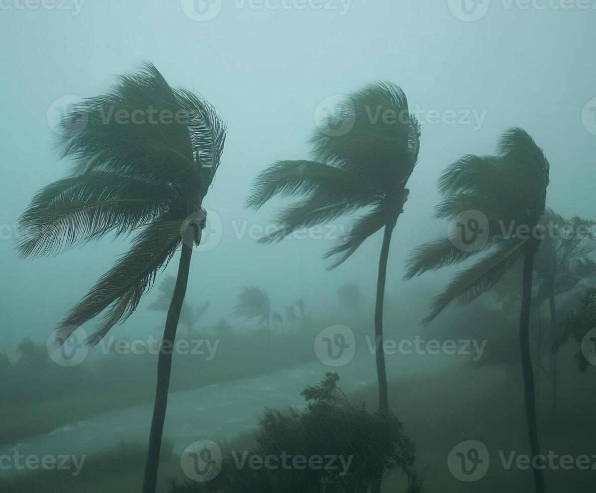 Strong winds from a hurricane bend palm trees in a coastal area photo