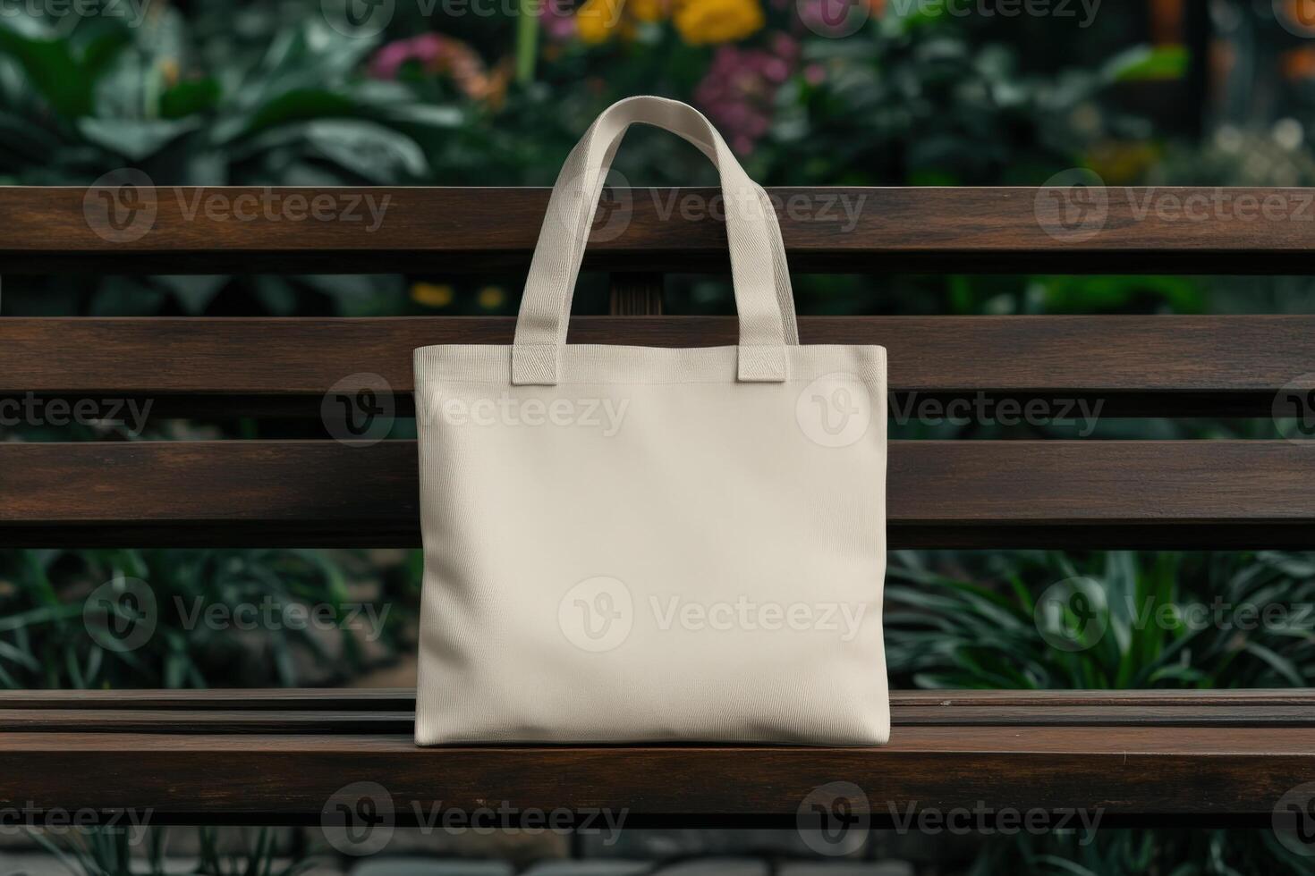 A simple beige tote bag resting on a wooden bench in a garden photo
