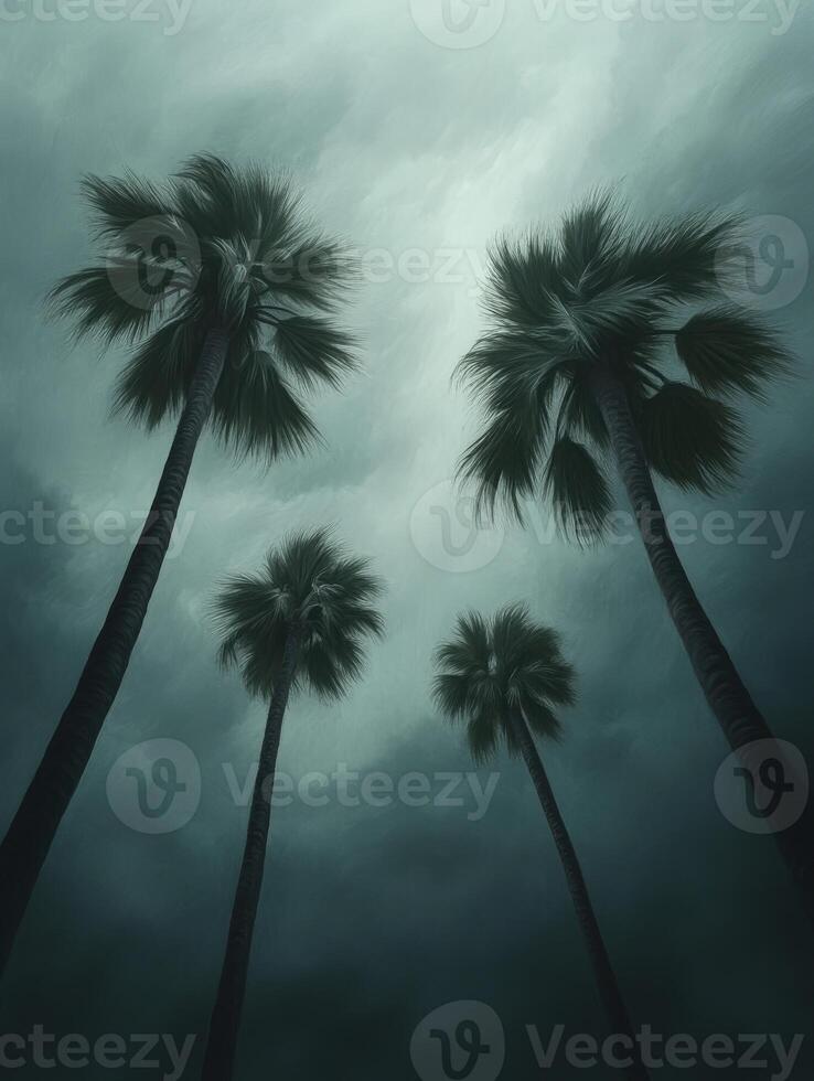 Dark skies loom over palm trees as hurricane approaches coastal area photo