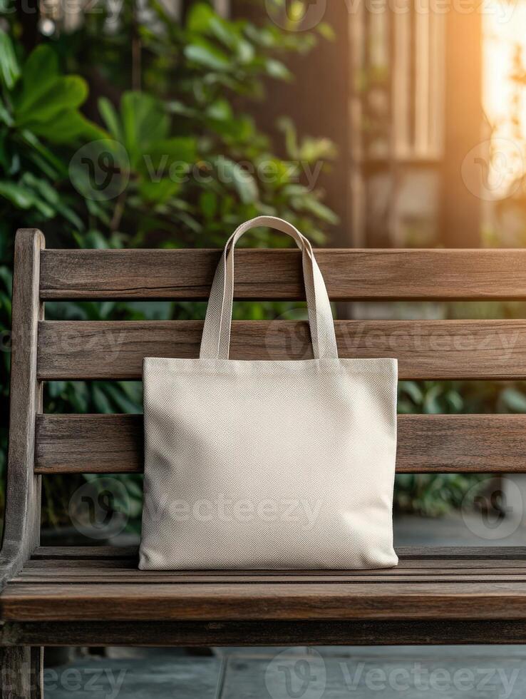 A simple beige tote bag rests on a wooden bench in a sunny garden photo