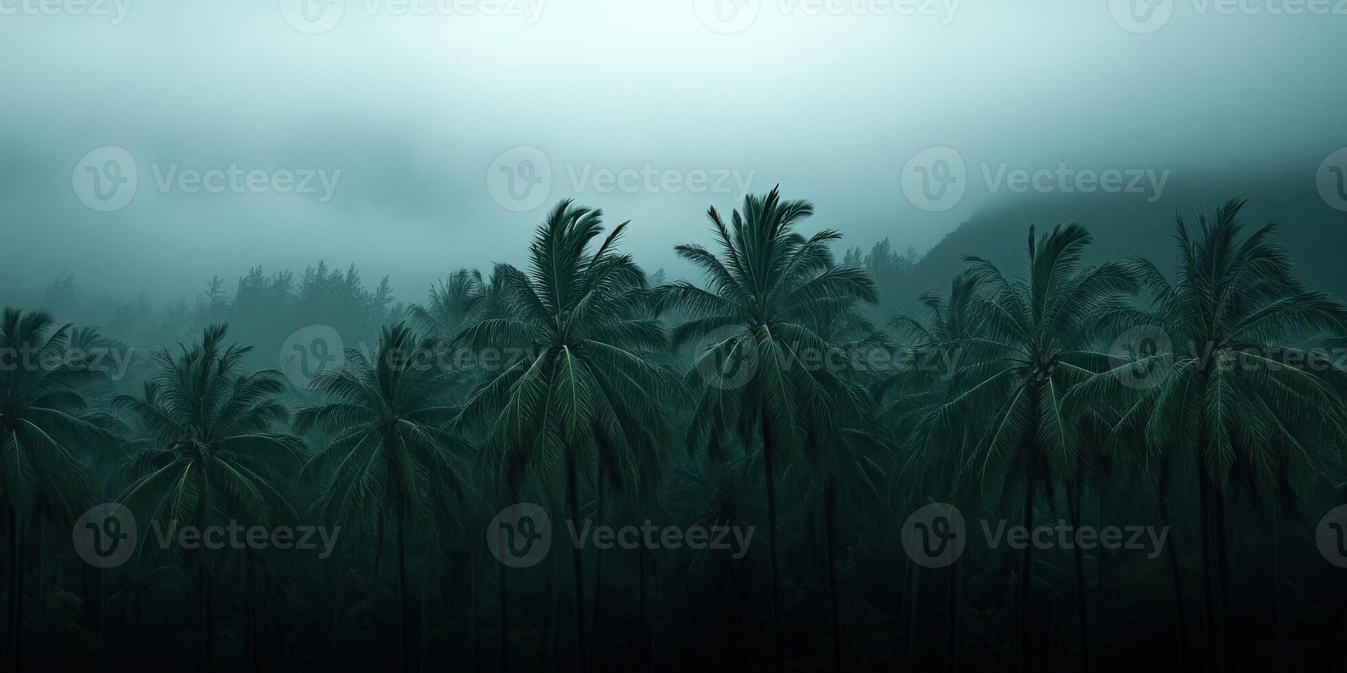 Palm trees sway wildly in hurricane winds in the tropics photo