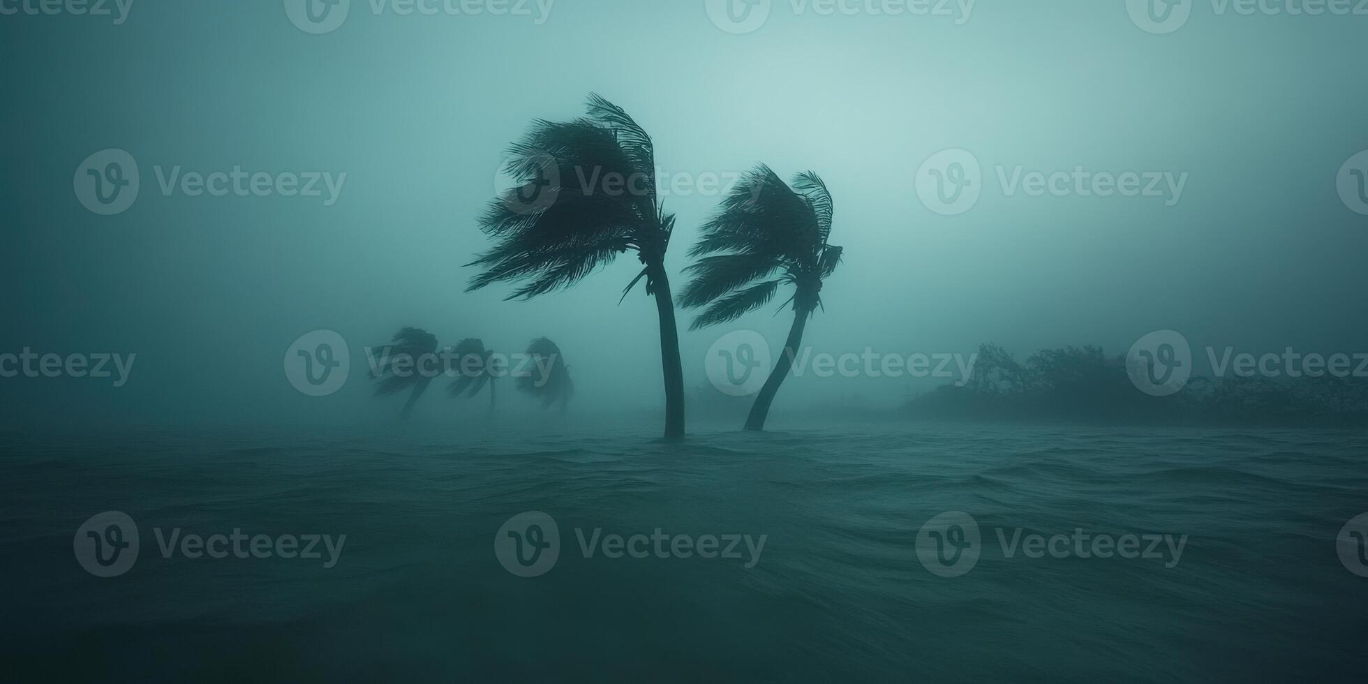 Hurricane winds bend palm trees during a storm at dusk in coastal area photo