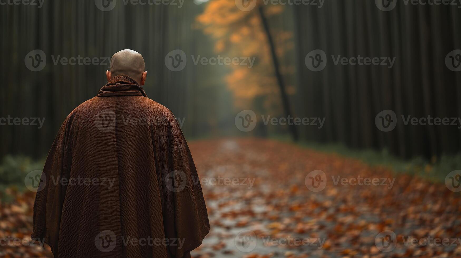 Monk walking alone on a misty autumn path surrounded by tall trees photo