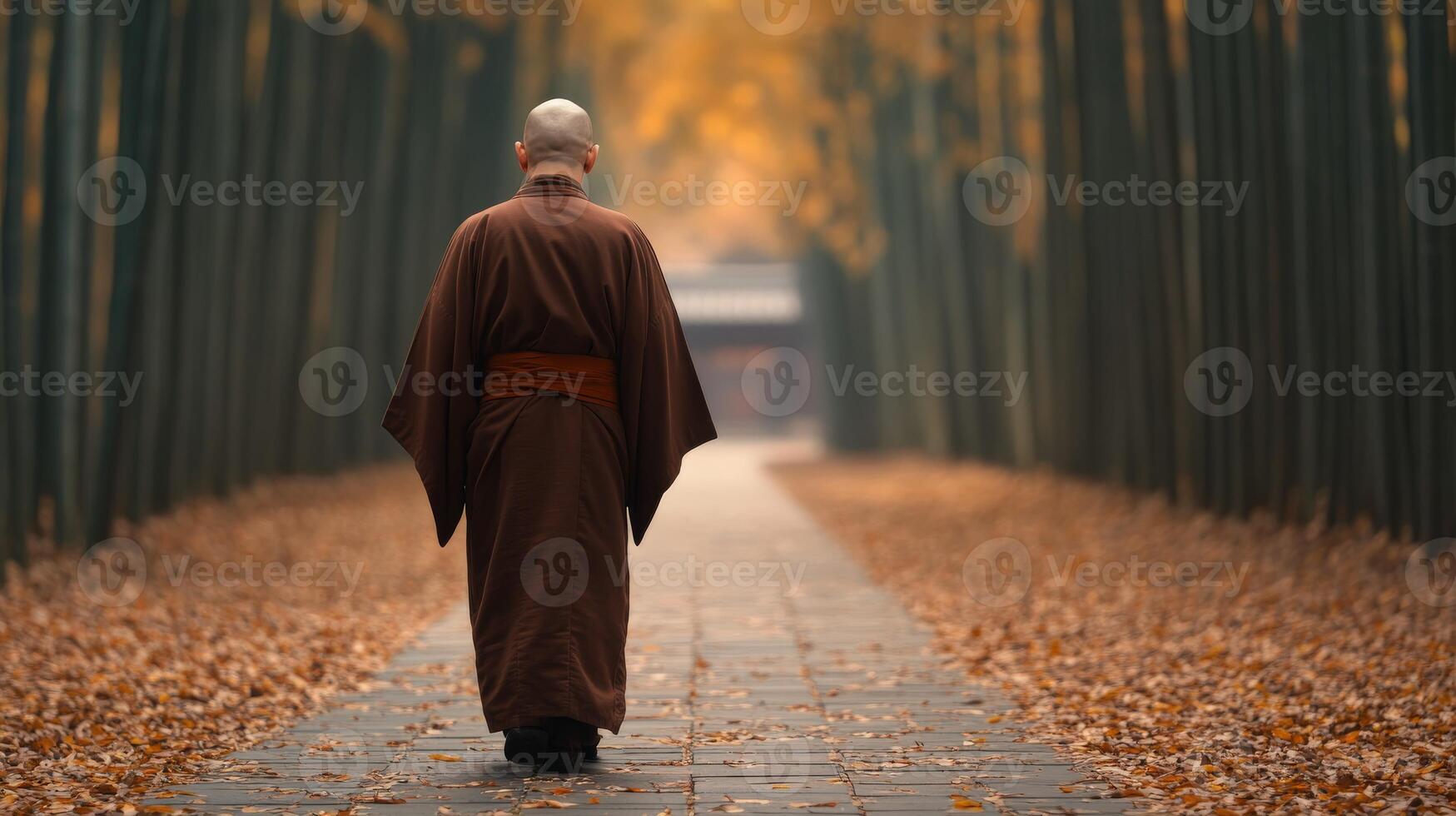 A monk walking through a tranquil bamboo forest in autumn photo