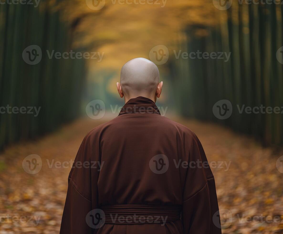 Monk walking alone on a leaf-covered path in an autumn forest photo