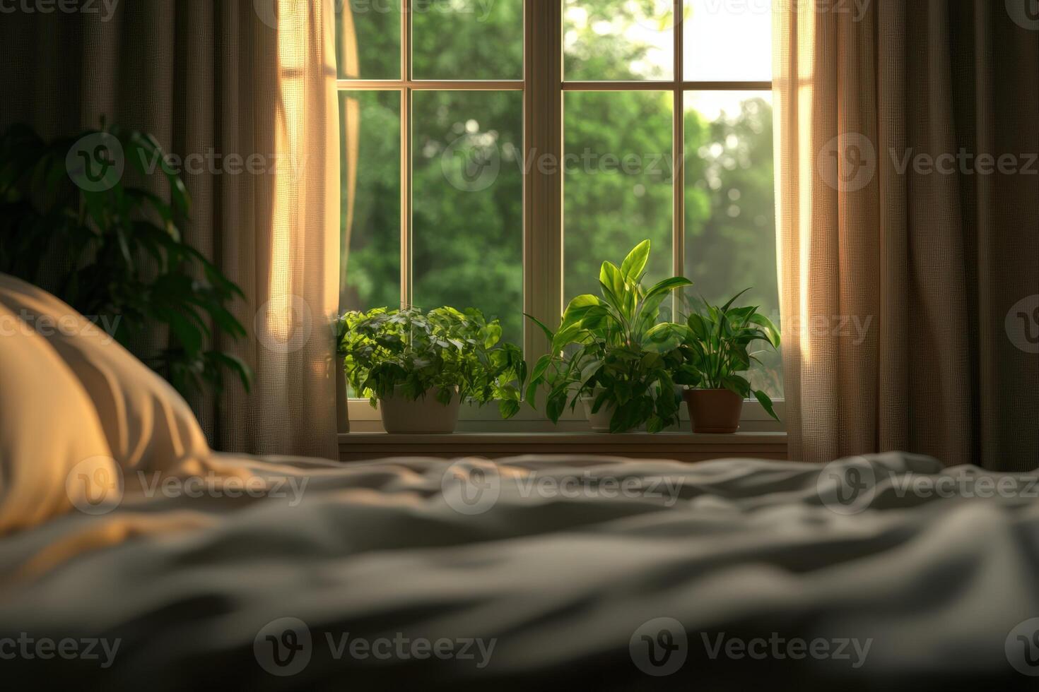 Cozy bedroom with plants and sunlight streaming through the window photo
