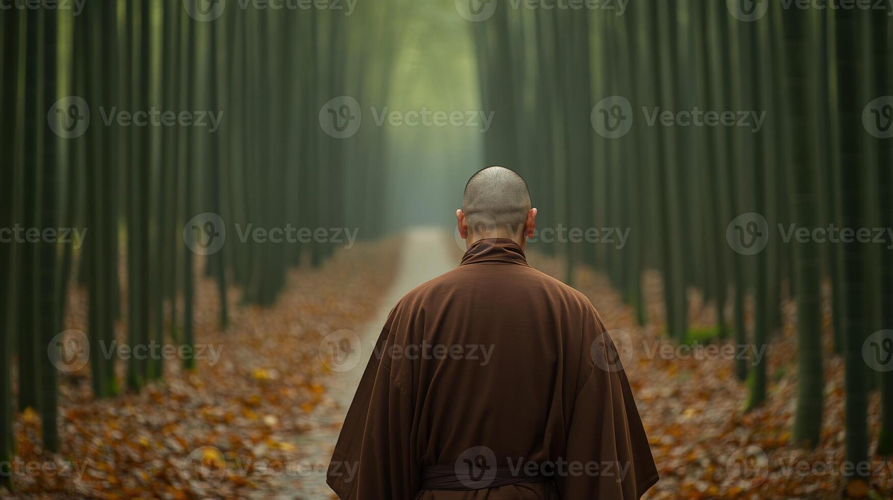 Monk walking through bamboo forest path during autumnal morning photo