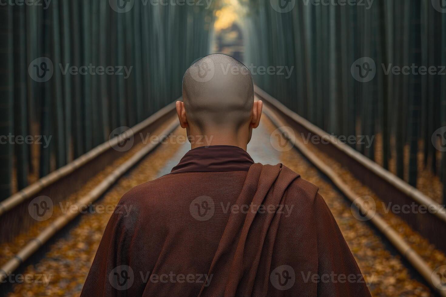 A monk walking through a serene bamboo forest in autumn photo