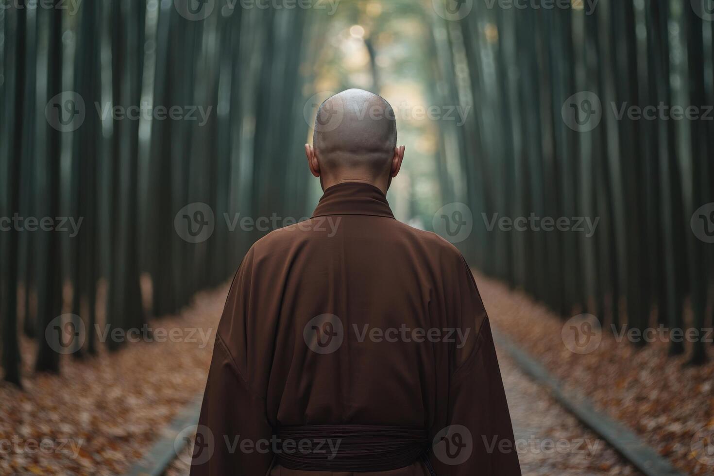 A monk walking through a serene bamboo forest on a quiet day photo